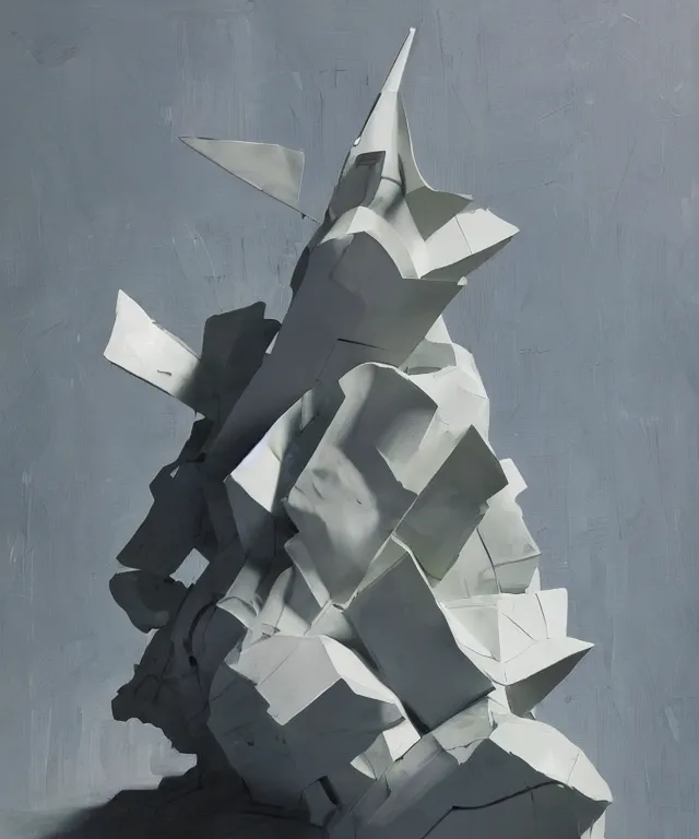 Prompt: acrylic and spraypaint portrait of origami architecture, frank gehry architecture, classical sculpture, large triangular shapes, painting by totem 2, ashley wood, jeremy mann, masterpiece