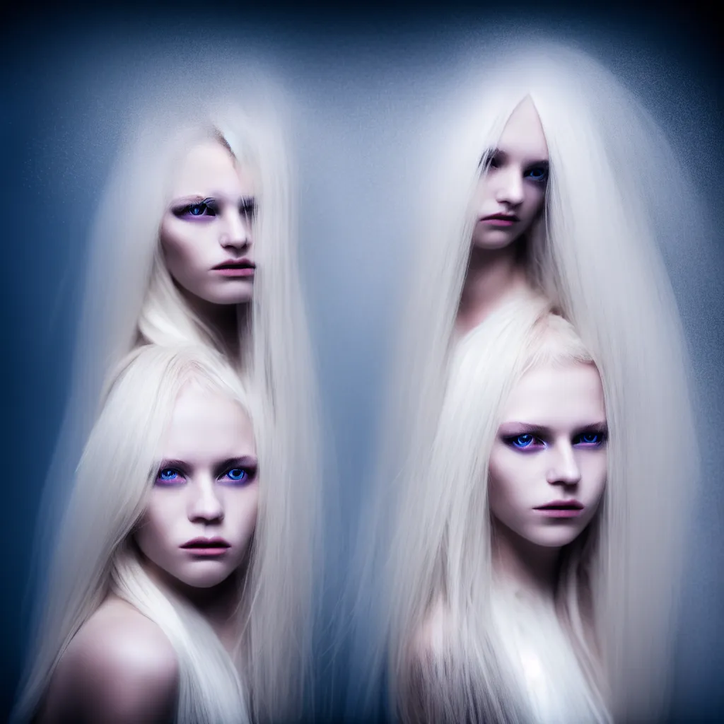 Image similar to photo portrait one face of a young woman with long blond hair dressed in long white, fine art photography light painting in style of Paolo Roversi, volumetric lighting, dark background, hyper realistic photography, fashion magazine style