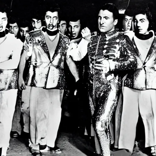 Image similar to A movie still of Mussolini wearing a disco suit in Satuday Night Fever