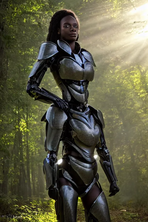 Image similar to hyperrealistic very beautiful black woman, highly detailed exoskeleton armor in a forest, sun behind her soft god rays, concept art eric zener elson peter, dramatic light low angle hd 8k sharp focus