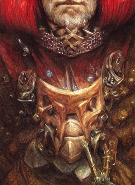 Prompt: portrait of dwarvern wizard, beautiful! coherent! dungeons and dragons character, by brian froud, strong line, deep color, leather armor, short red hair, high contrast