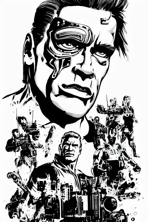 Image similar to arnold schwarzenegger as the terminator, a page from cyberpunk 2 0 2 0, style of paolo parente, style of mike jackson, adam smasher, johnny silverhand, 1 9 9 0 s comic book style, white background, ink drawing, black and white, colouring pages