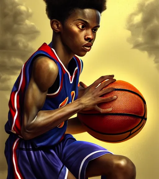 Image similar to portrait of a boy at a basketball court playing basketball wearing a basketball uniform in a basketball court, poised, intense emotion, detailed facial expression, detailed surroundings, perfect basketball, intricate, elegant, highly detailed, centered, digital painting, artstation, concept art, smooth, sharp focus, illustration, by Peter Mohrbacher, WLOP