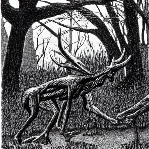 Prompt: wendigo in the woods of Maine illustration by Chris Van Allsburg