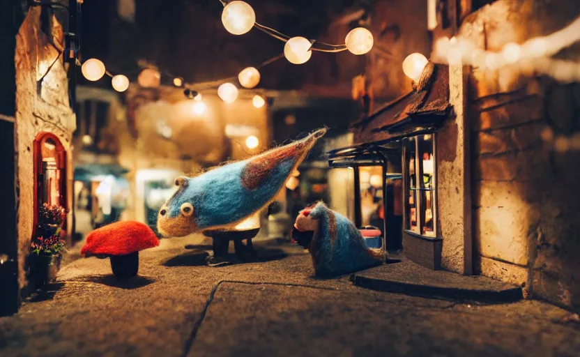 Image similar to miniature cafe diorama, macro photography, cafe with felted anglerfish on a date, alleyway, ambient, atmospheric, british, cozy, bokeh, romantic, colorful lanterns
