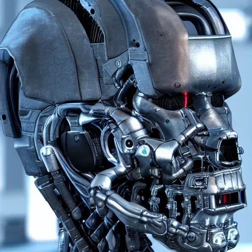 Image similar to closeup on the head of a terminator with borg enhancements, cameras for eyes, open head and all components and gears are visible inside, ultra detailed 8k. There is a dystopian city in the background. Rendered with unreal 5 engine with ray tracing and tessellation