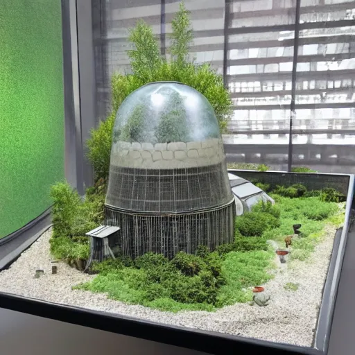 Image similar to a large terrarium with a realistic diorama of a reactor building and cooling tower inside on top of a minimalist table, lit from the side