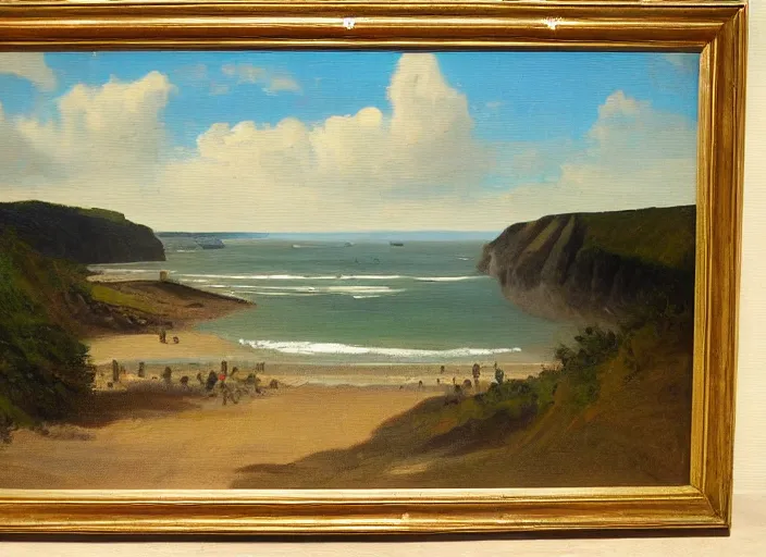 Prompt: omaha beach, normandy in the style of hudson river school of art, oil on canvas