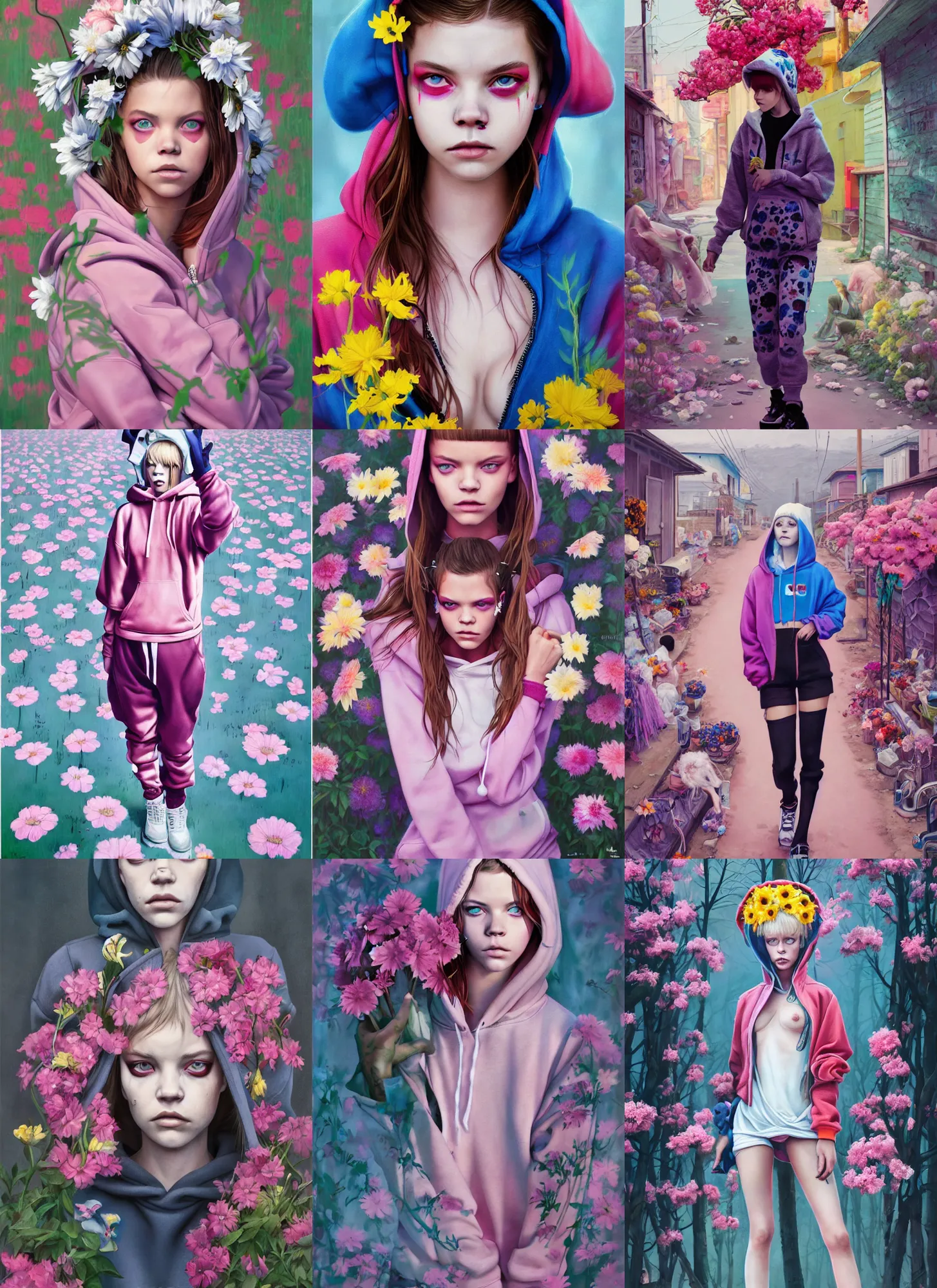 Image similar to still from music video of barbara palvin from die antwoord standing in a township street, wearing a hoodie and flowers, street clothes, full figure portrait painting by martine johanna, ilya kuvshinov, rossdraws, pastel color palette, 2 4 mm lens