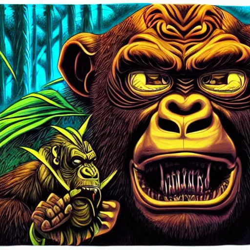 Prompt: barong family member, wiwek, mara demon, one single tribe member, jungle, one single mask, dark, ancient warrior, maniacally laughing grumpy gorilla, lizard, tribal, inner glow, art by dan mumford and justin gerard