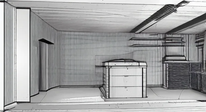 Prompt: technical drawing of secret underground laboratory room interior