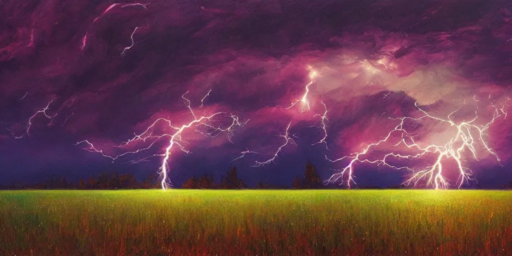 Image similar to lightning strikes a tree in the middle of a field, painting By Alena Aenami,