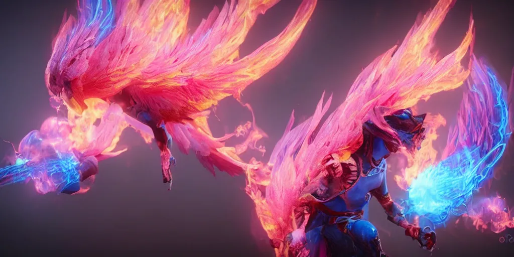 Image similar to pink and blue flaming phoenix, character portrait, unreal engine 5, intricate, detailed, realistic, masterpiece