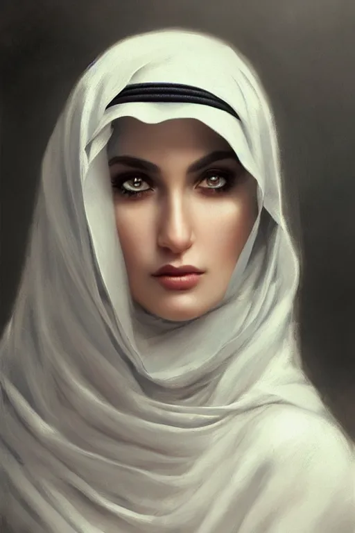 Image similar to modern arab Ameera al-Taweel, bright blue eyes, wavy black hair, white veil, closeup, focus face, elegant, highly detailed, centered, oil painting, artstation, concept art by tom bagshaw