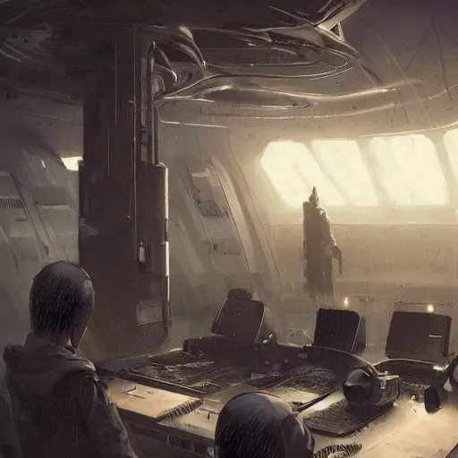 Image similar to concept art by greg rutkowski, a very tall, and slender man with short black hair, sitting with the crew in the ship's flight deck, brutalist futuristic interior, dark lighting atmosphere, detailed portraits, nostalgic atmosphere, scifi, digital painting, artstation, concept art, smooth, sharp foccus ilustration, artstation hq