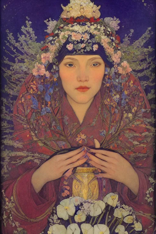 Image similar to queen of flowers in the snow, by Nicholas Roerich and Annie Swynnerton and Diego Rivera and John William Godward, dramatic cinematic lighting , ornate headdress , flowing robes, sacred artifacts, lost civilizations, smooth, sharp focus, extremely detailed