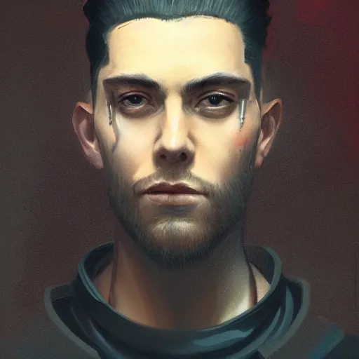 Prompt: A portrait of a man, hairstyle undercut, techwear, cyberpunk, sith, star wars art, art by greg rutkowski, matte painting, trending on artstation