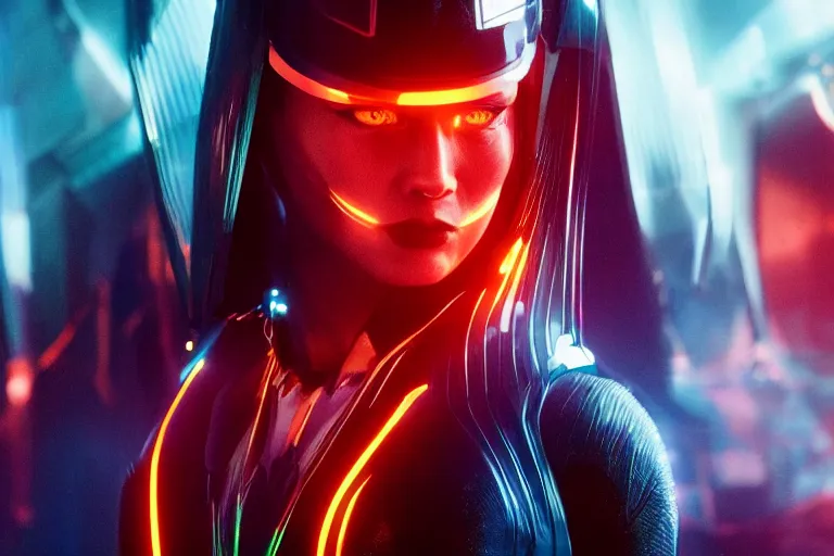 Image similar to VFX movie closeup portrait of a futuristic inhuman alien hero woman in spandex armor in future city, landing pose neon lighting by Emmanuel Lubezki