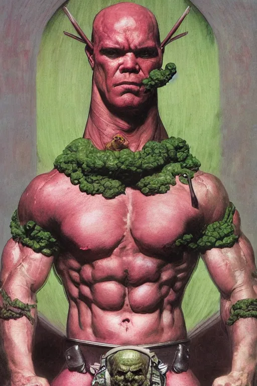 Image similar to head and torso portrait of jocko willink as huge superhero mutant warrior, dynamic action, pink and green, by lawrence alma tadema and zdzislaw beksinski and norman rockwell and tom lovell and greg staples and john william waterhouse