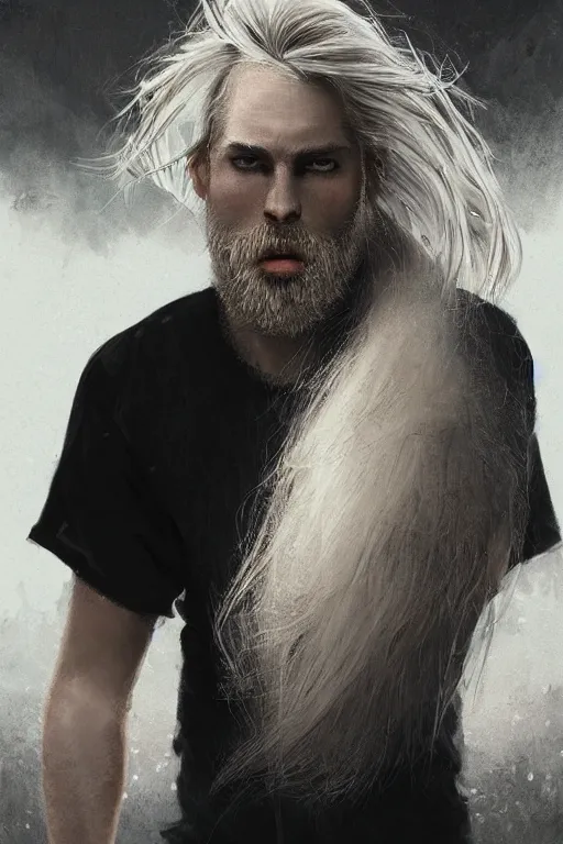 Image similar to blonde wild hair beard man, black eye - patch, close - up portrait, plain white tshirt, powerfull, intricate, elegant, volumetric lighting, scenery, digital painting, highly detailed, artstation, sharp focus, illustration, concept art, ruan jia, steve mccurry