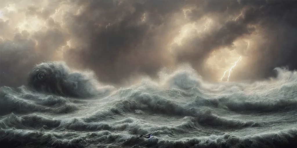 Image similar to stunning painting of a stormy sea with giant waves and lightning, by ellen jewett, by tomasz alen kopera, by Justin Gerard, ominous, magical realism, texture, intricate, volumetric lighting, high details