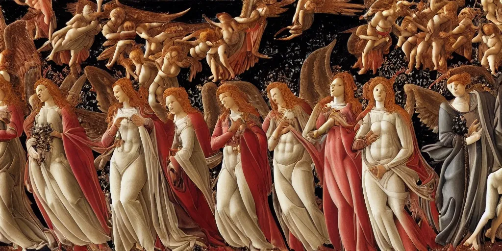 Image similar to Angels holding red spiral Spears descend from the heaven to cast judgment on the humans who try to run below their feet, oil painting by sandro botticelli, highly detailed, renaissance art, 8k