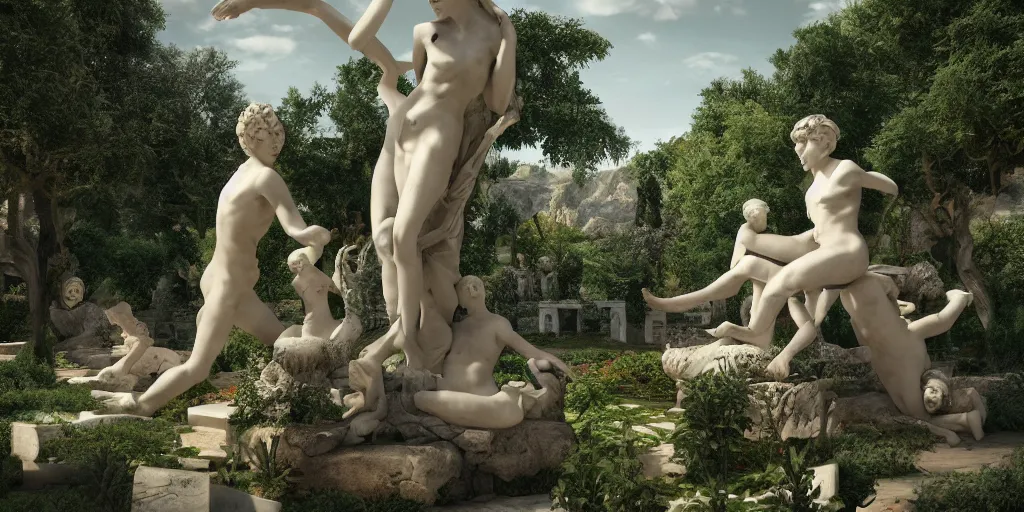 Prompt: Garden Utopia, surrealism, outside, Greek marble statues, earthly pleasures, intricate artwork by caravaggio. Trending on artstation, octane render, cinematic lighting from the right, hyper realism, octane render, 8k, depth of field, 3D