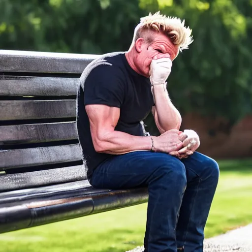 Image similar to dslr photo still of sad gordon ramsay sitting on a park bench with a tear on his cheek, 8 k, 1 1 0 mm f 1 6