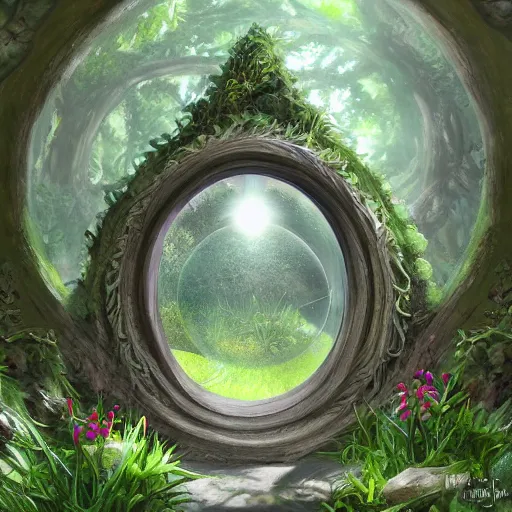 Image similar to a portal in a mysterious garden filled with spherical plants, by Claesz, Pieter, trending on art station