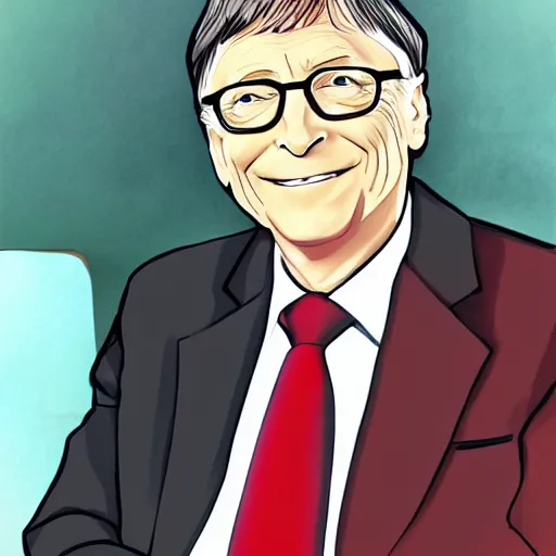 Image similar to Bill gates wearing Rin Tohsaka's clothing, drawn in the style of Stanley Artgerm Lau, extremely detailed