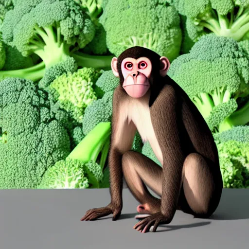 Image similar to 3d render of a monkey sitting on a giant piece of broccoli