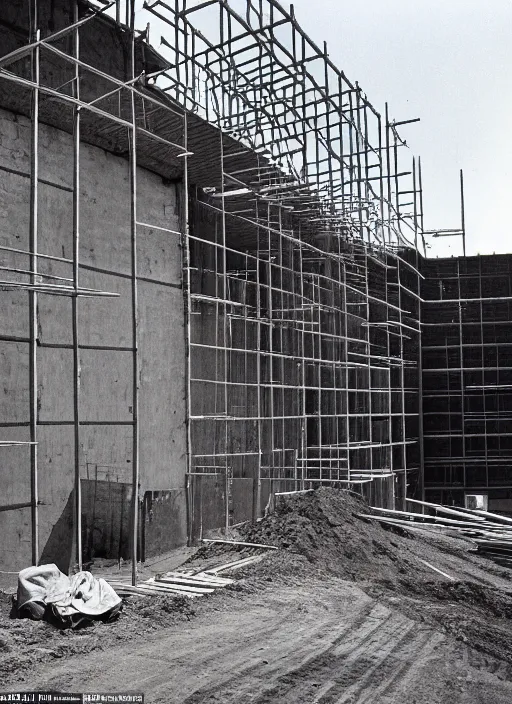 Image similar to a beautiful realistic photo of the construction site, storage outside, street 1 9 9 0, life magazine reportage photo