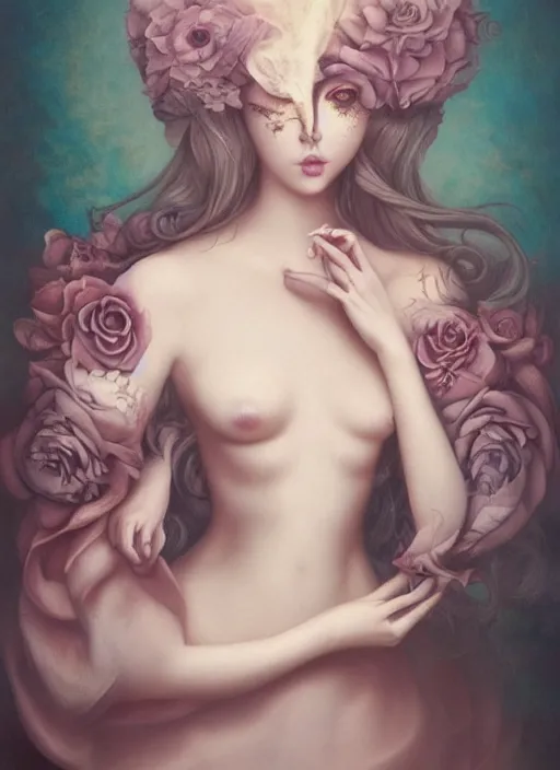 Image similar to pop surrealism, lowbrow art, realistic cute seductive female painting, romantic gown, hyper realism, muted colours, rococo, serafleur, natalie shau tom bagshaw, mark ryden, trevor brown style,