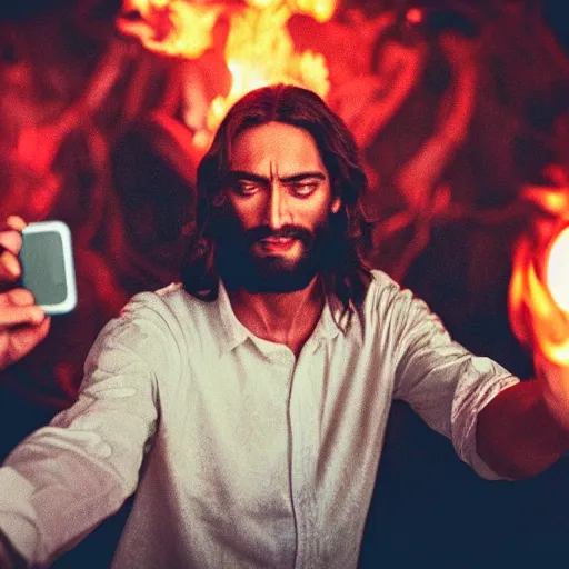 Prompt: jesus taking a selfie in hell