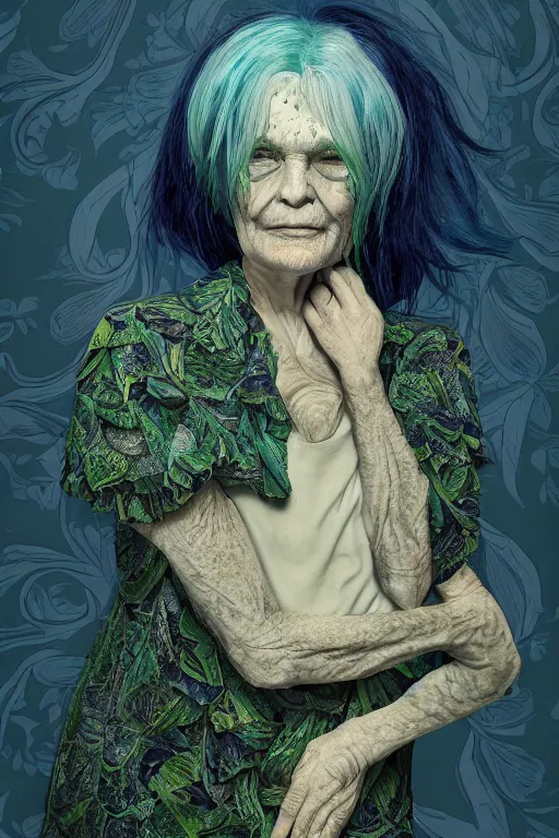 Image similar to portrait of a old woman with cracked manatee skin. dark blue-green hair, dark flower pattern wallpaper background, high detail, by Eddie Mendoza