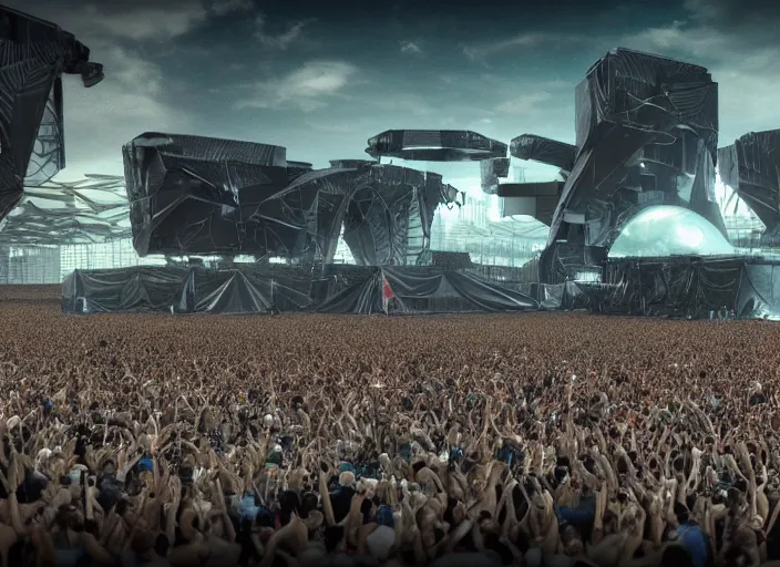 Image similar to ultra realistic, mainstage design of harder styles music festival in 2 0 5 0, futuristic, brutalism, octane render, sharp focus cinematic lighting, dramatic perspective, highly detailed, 4 k, 8 k