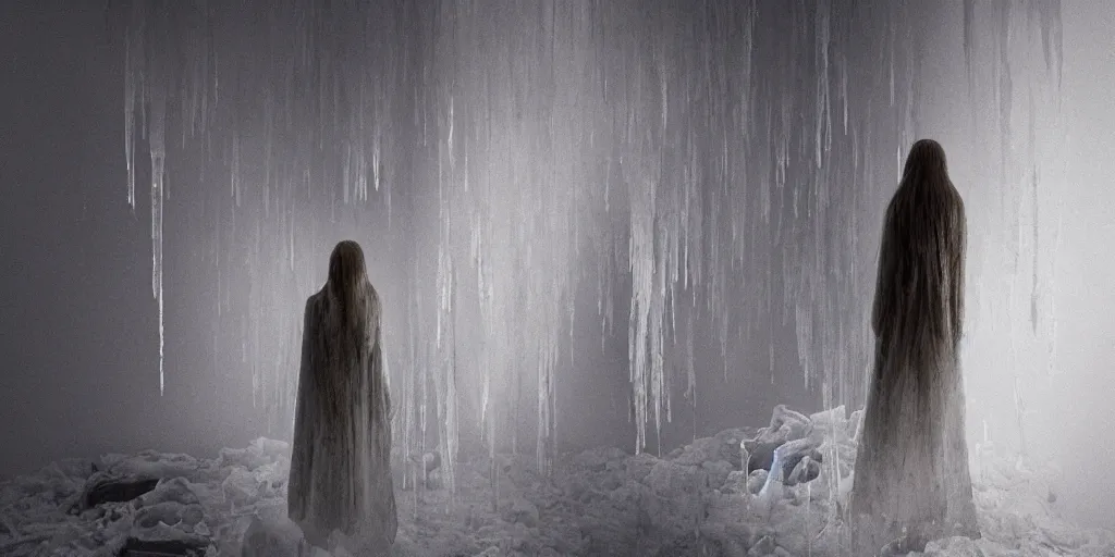 Image similar to rgb, a frozen woman, bedroom full of ice, sadness, cinematic, movie scene, inspired by zdzislaw beksinski, clothes made out of veins,, cables everywhere, bedroom, ultra realistic, concept art, intricate details, highly detailed, photorealistic, octane render, 8 k