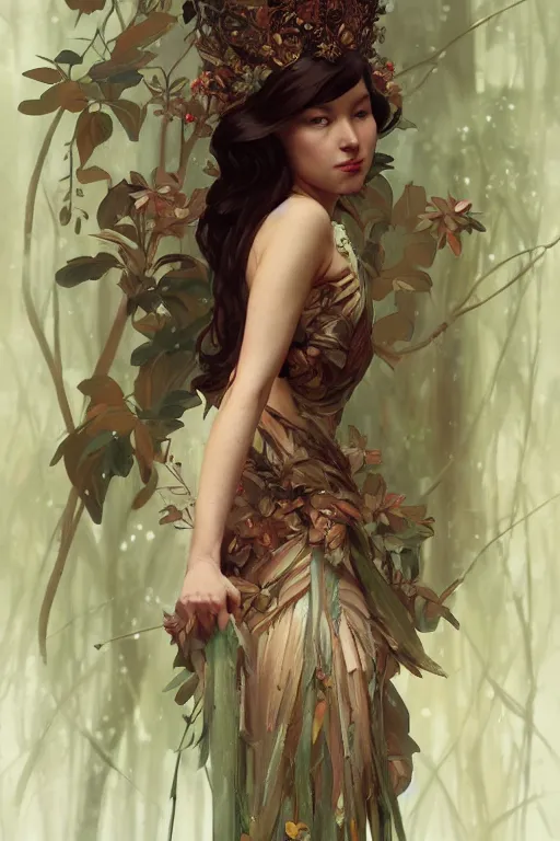 Image similar to full body portrait of forest queen akimbo highly detailed, digital painting, artstation, concept art, smooth and sharp focus, illustration, art by tian zi and wlop and alphonse mucha