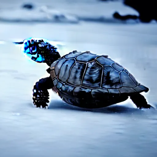Image similar to a turtle with a black shell, walking on ice