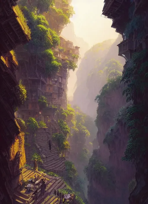 Image similar to medieval city built on terraces in a gigantic canyon, lots of buildings connected by hanging bridges, waterfalls, warm glow coming the ground, lush vegetation, pitchblack sky, extremly detailed digital painting, in the style andreas rocha and greg rutkowski and peter mohrbacher, rim light, beautiful lighting, 8 k, stunning scene, octane, trending on artstation