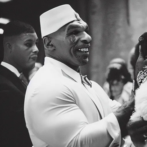 Prompt: a cinematic film still of Mike Tyson getting married to a pigeon, portrait, 40mm lens, shallow depth of field, close up, split lighting, cinematic