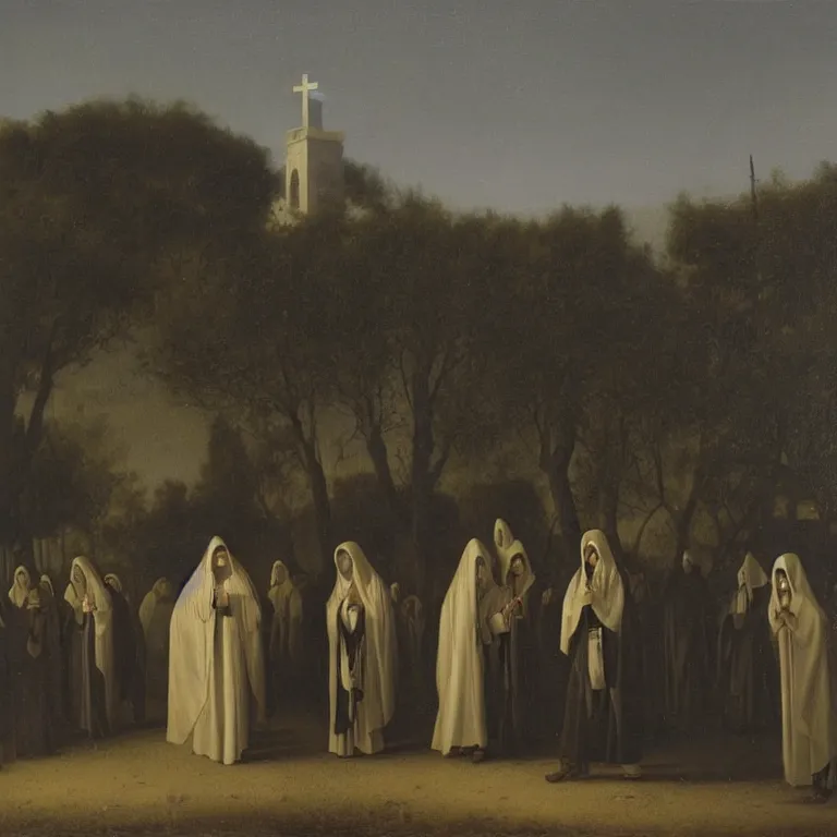 Prompt: A Holy Week procession of grim reapers in a lush Spanish landscape at night. A hooded figure at the front holds a cross. Petrus van Schendel.