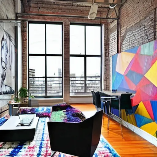 Image similar to trendy downtown loft with modern murals on the wall, modern art and patterns, interior design, beautiful architecture