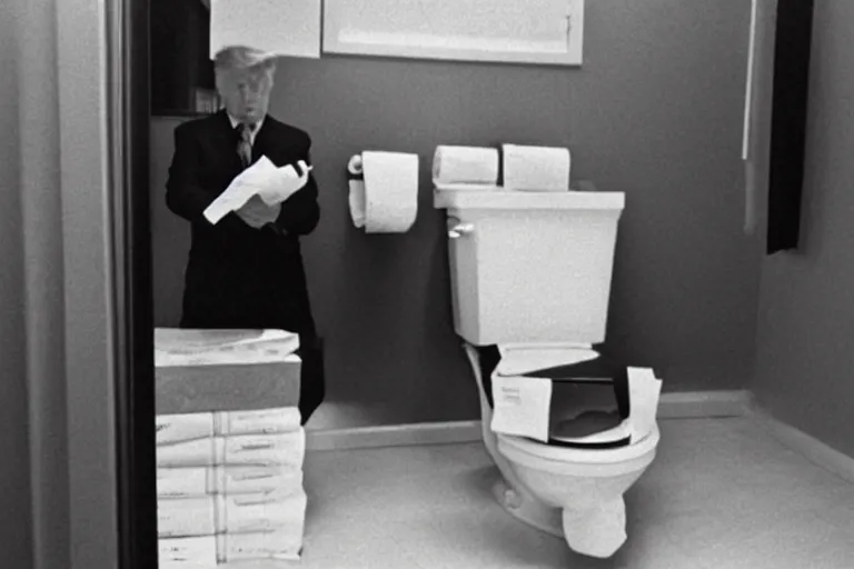 Image similar to black and white security camera footage of Trump putting papers in a toilet, grainy, distorted, blurry