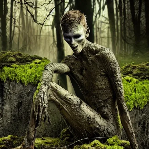 Image similar to Enigmatic Slender Man with Mud and Moss over his skin and plants growing on him is kneeling in a dirty pond, Photorealistic, Sunlight, Creepy, Nature, Hyperrealism, Hyperdetailed