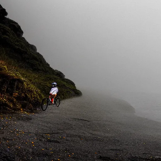 Image similar to a scene from a fever dream, Bicycling on a rocky path in 1st person entering the scary murky ocean!! Fog! Ultra realistic! 25mm f/1.7 ASPH Lens!