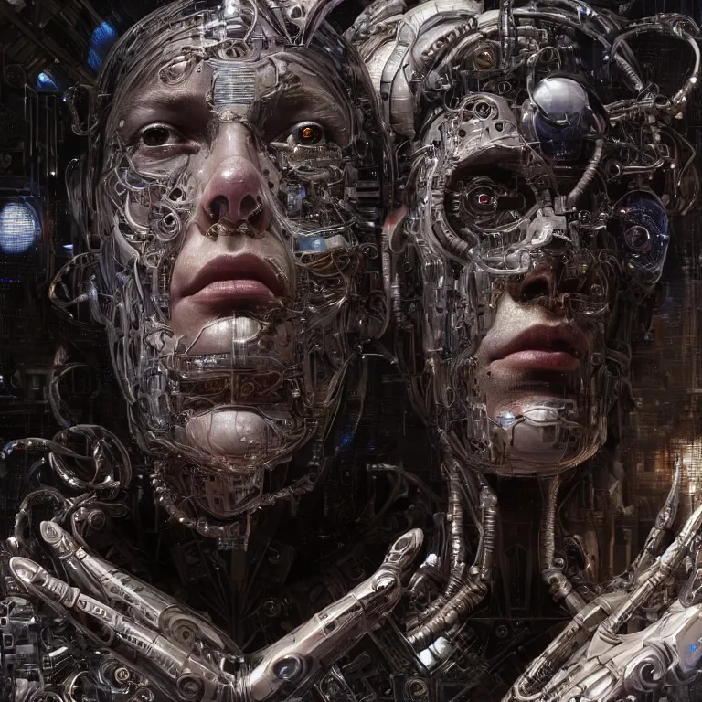 Prompt: hyperrealistic mixed media portrait of the robotic face of god, stunning 3d render inspired art by P. Craig Russell and Barry Windsor-Smith + perfect facial symmetry + dim volumetric lighting, 8k octane beautifully detailed render, post-processing, extremely hyperdetailed, intricate futuristic mechanic parts, epic composition, grim yet sparkling atmosphere, cinematic lighting + masterpiece, trending on artstation