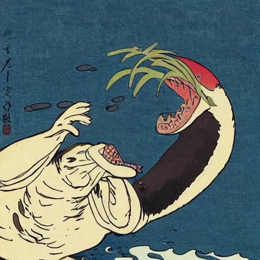 Image similar to animated platypus laughing and holding phone, Hokusai