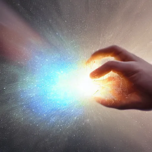 Prompt: hyperrealistic mixed media high resolution image of a single proportionally sized human hand reaching outward, particle teleportation that resembles complex potential flow around a doublet, translation to Ort Cloud in space, stunning 3d render inspired art by unreal engine and Greg Rutkowski, perfect symmetry, dim volumetric lighting, 8k octane beautifully detailed render, post-processing, extremely hyper-detailed, intricate, epic composition, highly detailed attributes, highly detailed atmosphere, cinematic lighting, masterpiece, trending on artstation, very very detailed, masterpiece, stunning, flawless lifelike epidermis,