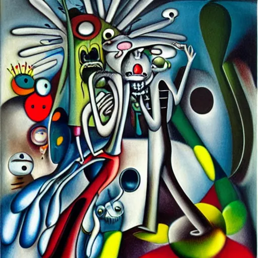 Prompt: Oil painting by Roberto Matta. Strange mechanical beings kissing. Portrait by Takashi Murakami. Yves Tanguy.